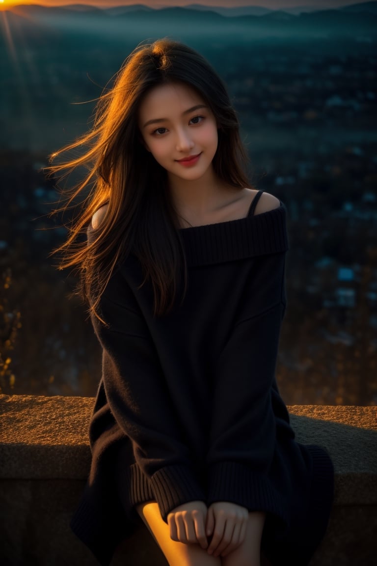 (dark scene, soft lighting, high saturated:1.4)vivid illumination, enchanting elegance, atmospheric depth, masterful technique, naturalistic representations, harmonious composition, creative refinement, striking juxtapositions, (1girl, young beauty), sitting, smile, looking at viewer, from above, sharp focus, oversized_sweater, shoulder, ((sunset)),volumetric fog, outdoors, backlight