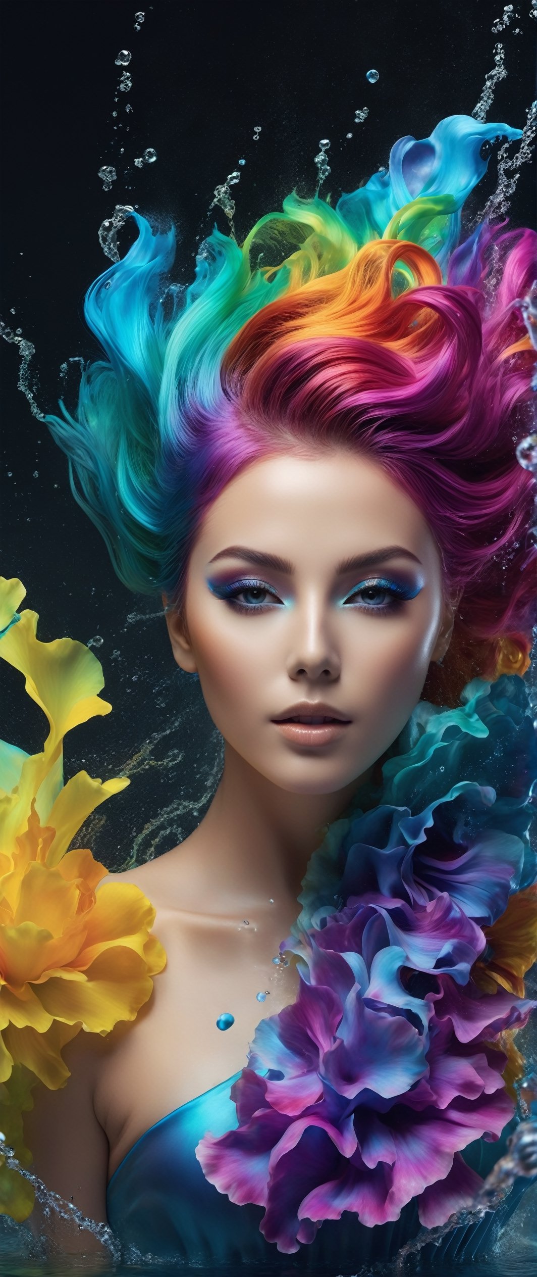 Beatiful steam-like woman with colorful flowy hair and body resembling steam in water, work of beauty and complexity,  ghostcore, prismatic glow elements, fluidity, detailed face, 8k UHD ,A girl dancing,  alberto seveso style, flower petals flying with the wind,photo r3al,Leonardo Style,niji style
