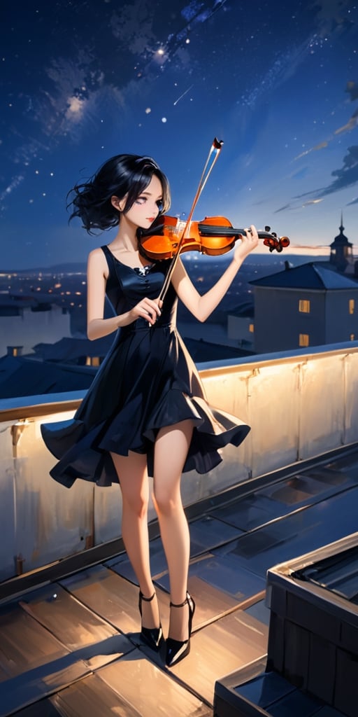 ((masterpiece, quality, wide photo angle)), 1 girl, standing on the roof of a building, solo, Vintage hairstyle, black hair, dress, sleeveless, black dress, high heels, sleeveless dress, instrument, ((playing violin1.3)), real hands, night, stars, wind blows