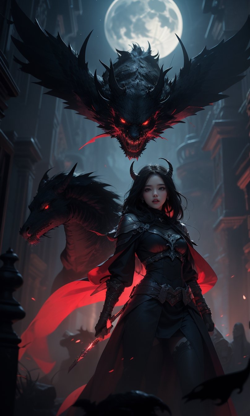 high quality, 8K Ultra HD, In the abyssal heart of enchantment, behold the ominous presence of Venger, one horn, black and red clothes, crafted with audacious otherworldly finesse, as seen in the cartoon tv show dungeons and Dragons, Standing amidst the haunting shadows of a infernal castle, he is riding a black horse with red eyes, accompanied by a resplendent black shadow creature, a mythical sentinel born from the very essence of nightmares, Its coat absorbs the eerie brilliance of spectral moonlight, embodying the darkness with an ethereal grace, With red eyes reflecting the torment of epochs, the celestial herald proudly stands by Vengers side, forging a haunting duo in the infernal tapestry, 　their presence unfolds like a macabre symphony of ethereal radiance, the Dark Angel soaring with the bold grace of infernal majesty, by Toei animation, high detailed, LegendDarkFantasy