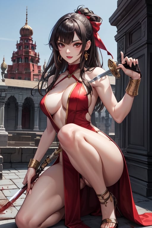 yor forger, black eyes with reddish color, black hair, sharp kunai type golden earings, cute, clear skin, Blonde hair, red eyes, stylish, elegant, fashionable, tall, athletic, black stripped dress, half naked cloths up to knees, blades in hand, 2 legs, perfect body, hiper realistic, medium size breast, black hair, red hair ribbon, 5 fingers, single girl, holding sword, perfect sword grip with 4 fingers and thumb on hilt, thick girl, long swords, directly looking into camera, freestyle, front facing, an indian ancient temple in background,  2 Larger high weight blood red swords in 2 hands, clothes covering legs perfectly, golden stiletto in hair
