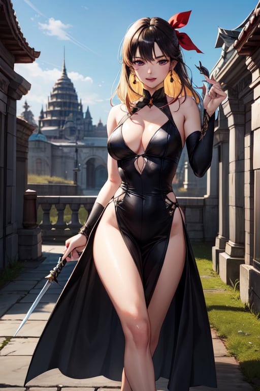 yor forger, black eyes with reddish color, black hair, sharp kunai type golden earings, cute, clear skin, Blonde hair, red eyes, stylish, elegant, fashionable, tall, athletic, black stripped dress, half naked, blades in hand, 2 legs, perfect body, hiper realistic, medium size breast, black hair, red hair ribbon, 5 fingers, single girl, holding sword, perfect sword grip with 4 fingers and thumb, thick girl, long swords, directly looking into camera, 2 longer swords in 2 hands, freestyle, front facing, ancient temple in background
