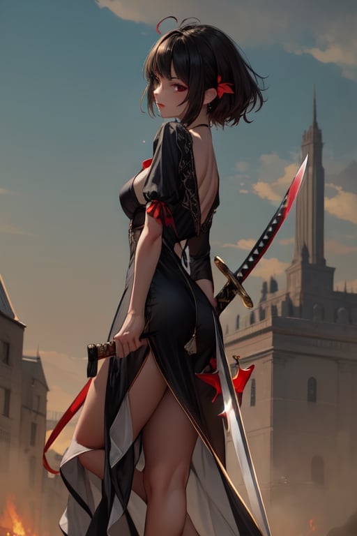 yor forger, black eyes with reddish color, black hair, sharp kunai type golden earings, cute, clear skin, Blonde hair, red eyes, stylish, elegant, fashionable, tall, athletic, black stripped dress, half naked, blades in hand, 2 legs, perfect body, hiper realistic, medium size breast, black hair, red hair ribbon, 5 fingers, single girl, holding sword, perfect sword grip with 4 fingers and thumb, green mountain as background