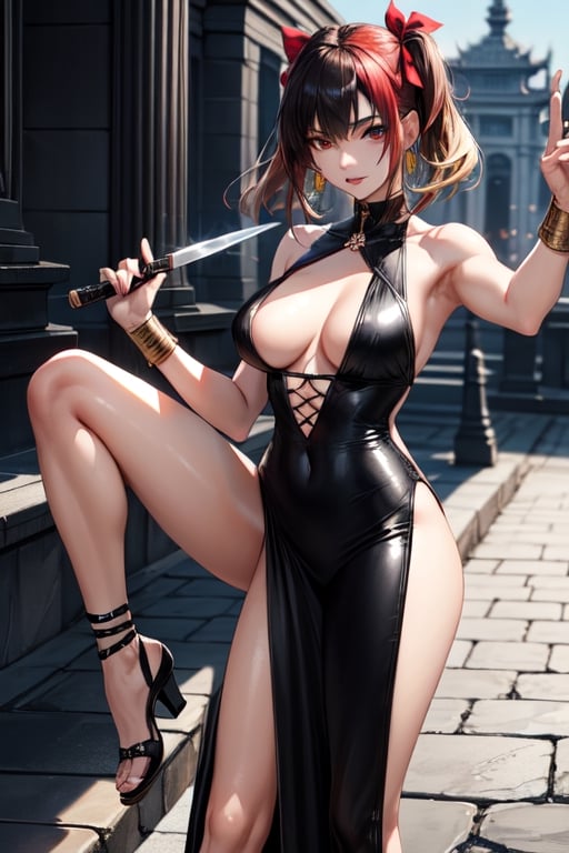 yor forger, black eyes with reddish color, black hair, sharp kunai type golden earings, cute, clear skin, Blonde hair, red eyes, stylish, elegant, fashionable, tall, athletic, black stripped dress, half naked, blades in hand, 2 legs, perfect body, hiper realistic, medium size breast, black hair, red hair ribbon, 5 fingers, single girl, holding sword, perfect sword grip with 4 fingers and thumb, thick girl, long swords, directly looking into camera, freestyle, front facing, an ancient temple in background,  2 Larger high weight swords in 2 hands, clothes covering legs 

