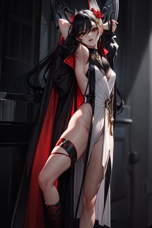 yor forger, black eyes with reddish color, black hair, sharp kunai type golden earings, cute, clear skin, Blonde hair, red eyes, stylish, elegant, fashionable, tall, athletic, black stripped dress, half naked, blades in hand, 2 legs