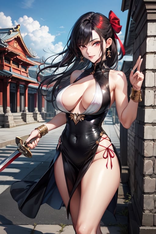 yor forger, black eyes with reddish color, black hair, sharp kunai type golden earings, cute, clear skin, Blonde hair, red eyes, stylish, elegant, fashionable, tall, athletic, black stripped dress, half naked, blades in hand, 2 legs, perfect body, hiper realistic, medium size breast, black hair, red hair ribbon, 5 fingers, single girl, holding sword, perfect sword grip with 4 fingers and thumb, thick girl, long swords, directly looking into camera, freestyle, front facing, an ancient temple in background,  2 Larger high weight swords in 2 hands, clothes covering thighs
