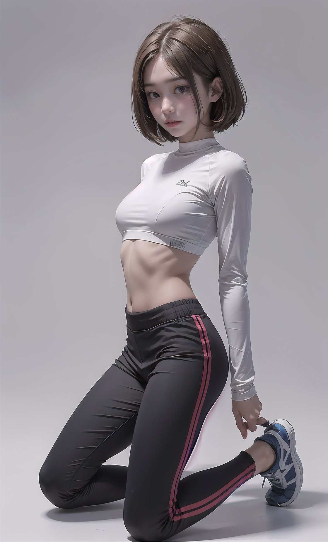 1  girl, slim ,full body view, showing front, small breasts, looking at viewer,  brown hair,  kneeling, nude, black short sport pants,  cropped long sleeve top, white background, 

