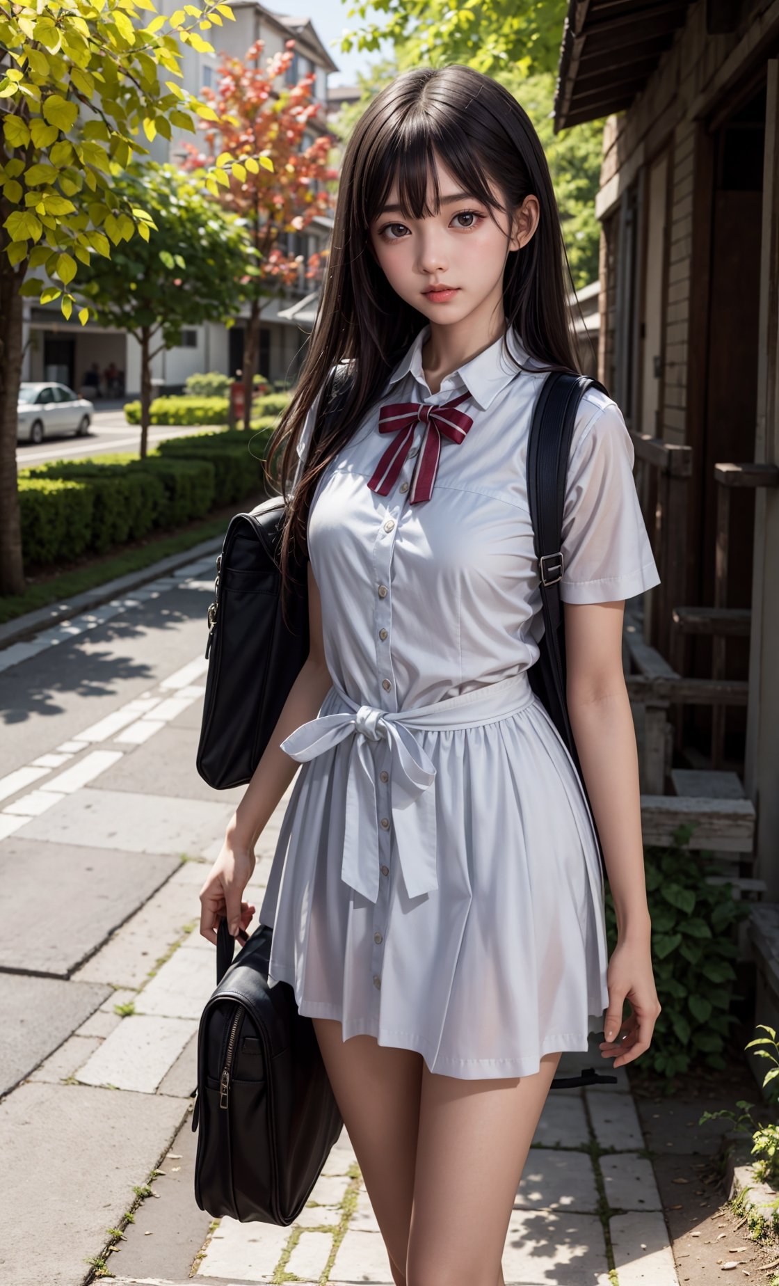 (8k, best quality, masterpiece:1.2),(best quality:1.3), (ultra highres:1.0), RAW photo, realistic photo, a beautiful girl, from head to waist, Indonesian student, Indonesian high school, Scout uniform, school bag, extremely luminous bright design, autumn lights, side bangs, thin lips, cute face ,little_cute_girl