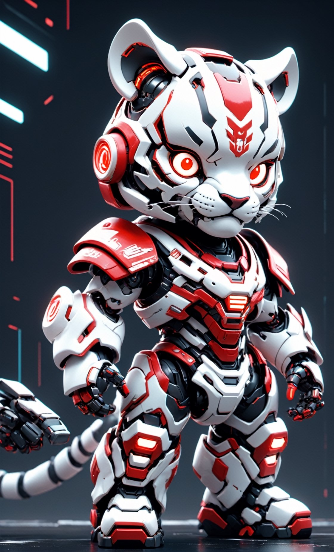 (masterpiece, best quality:1.5), EpicLogo, white armor, robot, red armor, white face, look on viewer, tiger style, central view, cute, hues, Movie Still, cyberpunk, full body, cinematic scene, intricate mech details, ground level shot, 8K resolution, Cinema 4D, Behance HD, polished metal, shiny, data, white background