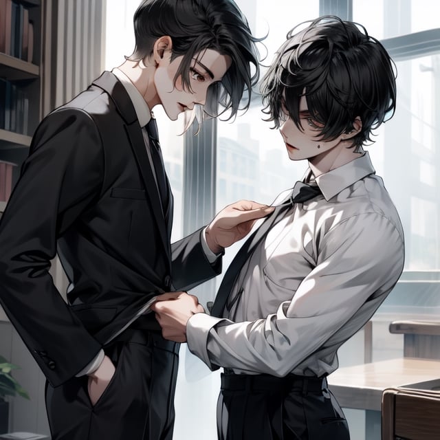 Male, pale, black_hair, short_hair, beauty_mark, high_waisted_slacks, dress_shirt 