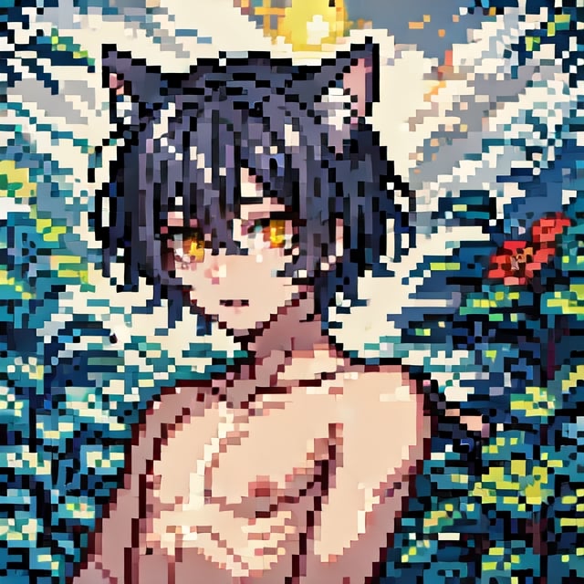 Male, black_hair, cat_ears, paws, cat_tail, nude, yellow_eyes,otoko_no_ko,Pixel art, short-hair, bush, outside,night, portait,<lora:659111690174031528:1.0>