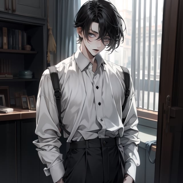 Male, pale, black_hair, short_hair, beauty_mark, high_waisted_slacks, dress_shirt, solo_focus, grey_eyes