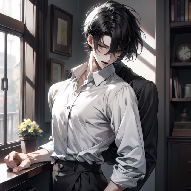 Male, pale, black_hair, short_hair, beauty_mark, high_waisted_slacks, dress_shirt 