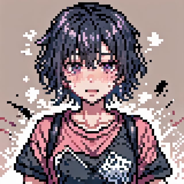 Pixel art, male, black_hair, pink_loose_t-shirt, embarrased, blushing, sweating, mole, solo_focus, short_hair,<lora:659111690174031528:1.0>