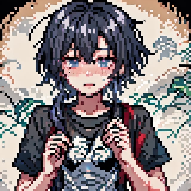 Pixel art, male, black_hair, loose_t-shirt, embarrased, blushing, sweating, mole, solo_focus,<lora:659111690174031528:1.0>