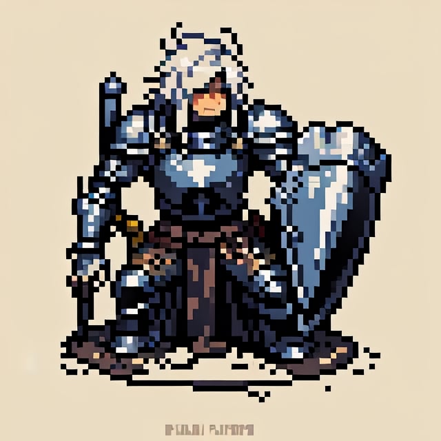 plate_armor, broken_sword, sheild, full_body,Pixel art, nodf_lora, messy_hair, white_hair,<lora:659111690174031528:1.0>