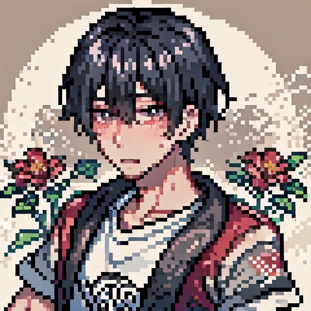 Pixel art, black_hair, t-shirt, sandals, blushing, sweaty, very_short_hair, man, solo_focus, portrait, embarassed,<lora:659111690174031528:1.0>