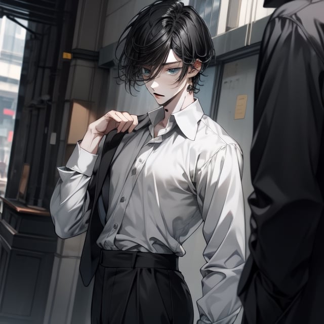 Male, pale, black_hair, short_hair, beauty_mark, high_waisted_slacks, dress_shirt, solo_focus, grey_eyes