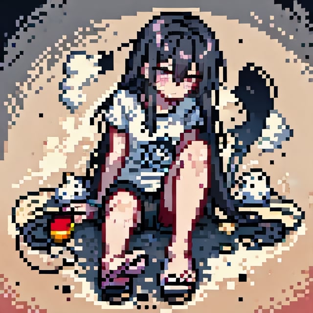 Pixel art, black_hair, straight_hair, mole_under_eye, shorts, t-shirt, slippers, blushing, sweaty,<lora:659111690174031528:1.0>