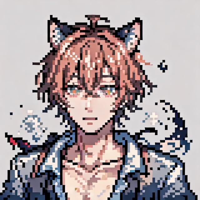 Pixel art, male, cat_ears, amber_eyes, messy_hair, portrait, solo_focus, naked, sad,<lora:659111690174031528:1.0>