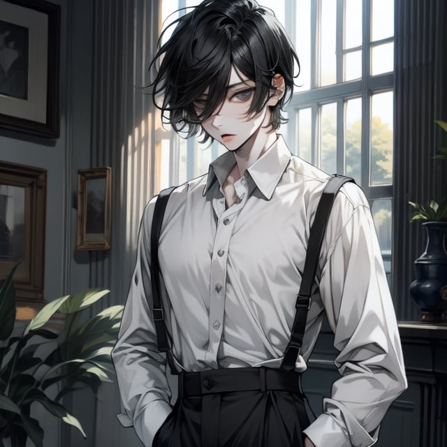 Male, pale, black_hair, short_hair, beauty_mark, high_waisted_slacks, dress_shirt, solo_focus, grey_eyes