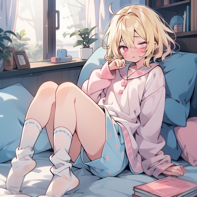 male, short_hair, blonde, pink_eyes, sleepy, boxer_briefs, pajama_top, socks,niji