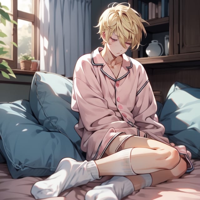 male, short_hair, blonde, pink_eyes, sleepy, boxer_briefs, pajama_top, socks,niji