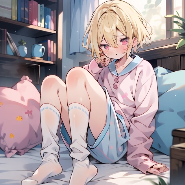 male, short_hair, blonde, pink_eyes, sleepy, boxer_briefs, pajama_top, socks,niji