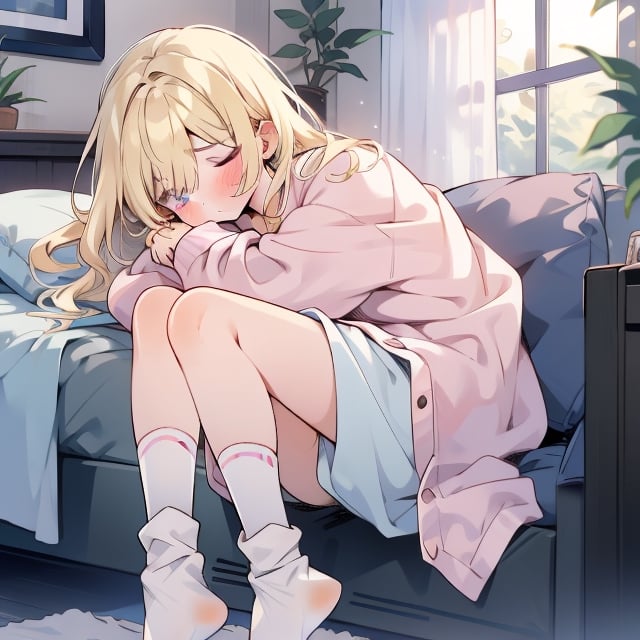 male, short_hair, blonde, pink_eyes, sleepy, boxer_briefs, pajama_top, socks,niji