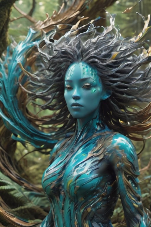 Bodyshot, a detailed windy Elemental, gliding through a the magical forest, beautifully detailed windy face, detailmaster2,Monster,cyborg style,dripping paint,FilmGirl