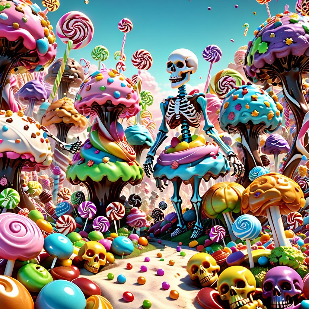 (candy land Visit the candy graveyard where gummy skeletons and chocolate zombies rise from the earth in a ghostly dance. Their bones rattle in the sweet breeze, creating an eerie symphony), 8k octane render, high detail, masterpiece, hyperdetailed, intricate details