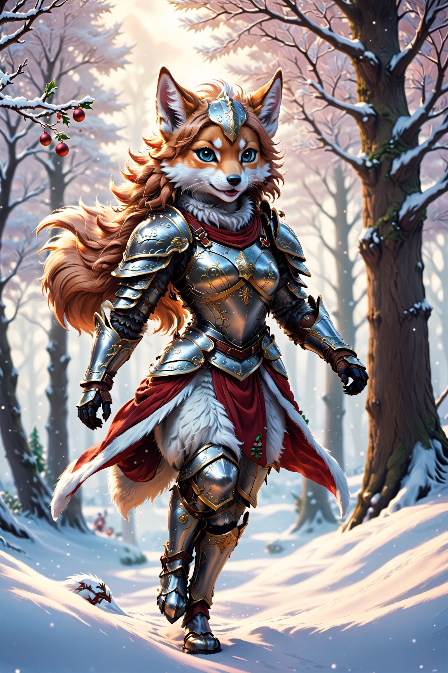 Furryfolk in Armour, christmas, traditional media, fantasy illustration, soft colors, Whimsical Illustration, windy, dynamic poses, Anime , cutegirlmix, hentai,