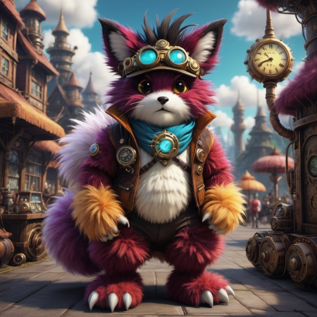 Hi my name is TenTen I am a big Furry Monster, the reason why everyone calls me TenTen as I control Ten Elements and Ten Types of magic. I may look small but I am powerful beyond your imagination, just keep in-putting text prompts and I will show you!,Furry,fluffy,detailmaster2,Monster,steampunk style,steampunk