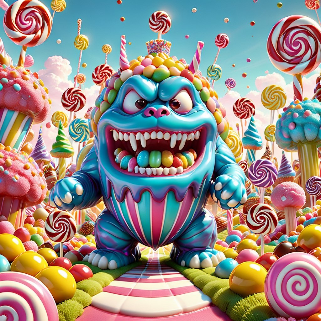  Ultra realistic,, realistic . (In the candy land, there's a candy monster known as "Glucarion." It's a 30-foot-tall confectionery wonder with marshmallow layers, licorice limbs ending in gummy bear paws, and a face adorned with gumdrop eyes and a licorice smile. The monster is a delightful guardian of the candy land, exuding an irresistible, sweet fragrance that fills the air and welcomes all who approach its sugary presence), 8k octane render, high detail, cinema style, Masterpiece, hyperdetailed, intricately detailed, Professional photography, bokeh, natural lighting, canon lens, shot on dslr 64 megapixels sharp focus, complex,HellAI,monster,Renaissance Sci-Fi Fantasy,Immortal,Monster