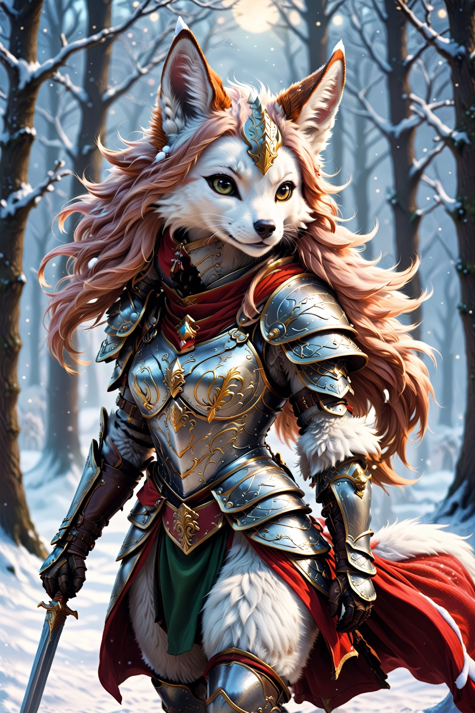 Furryfolk in Armour, christmas, traditional media, fantasy illustration, soft colors, Whimsical Illustration, windy, dynamic poses, Anime , cutegirlmix, hentai,