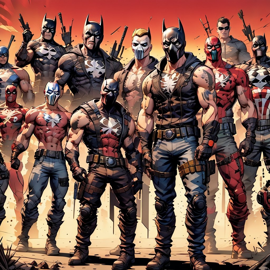 ((Visualize a team of masked vigilantes, each with their unique powers and costumes, standing together in an iconic comic book-style group shot, ready to take on the forces of evil)), 

(no masks), masterpiece,