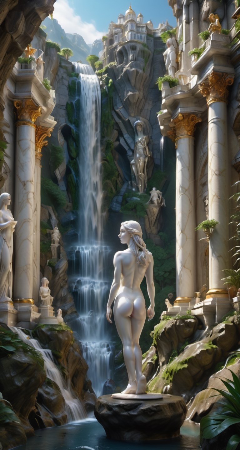 ultra Realistic,  Extreme beautiful Detailed, ((Renaissance town nestled in a valley, where a majestic waterfall emerges from a rocky hillside and beautiful marble statues of women grace the waterside, their ethereal forms becoming one with the cascading flow)), (Clear glass women filled with marble),  beautiful marble stone statue,  (NO-crack:1.2),  beautiful middle-east marble Girl statue,  (nude),  Shiny marble texture skin,  perfect marble Face,  perfect female marble proportion, ( beautiful white long straighthair), 6 tower breast, ((large breast)), light color nipple,  (white BLIND eyes:1.2),  (white Iris),  beautiful abs,  (beautiful shaved pussy),  NSFW,  dynamic pose,  photo , , art by mooncryptowow, , , ,art by mooncryptowow,FilmGirl,Renaissance Sci-Fi Fantasy