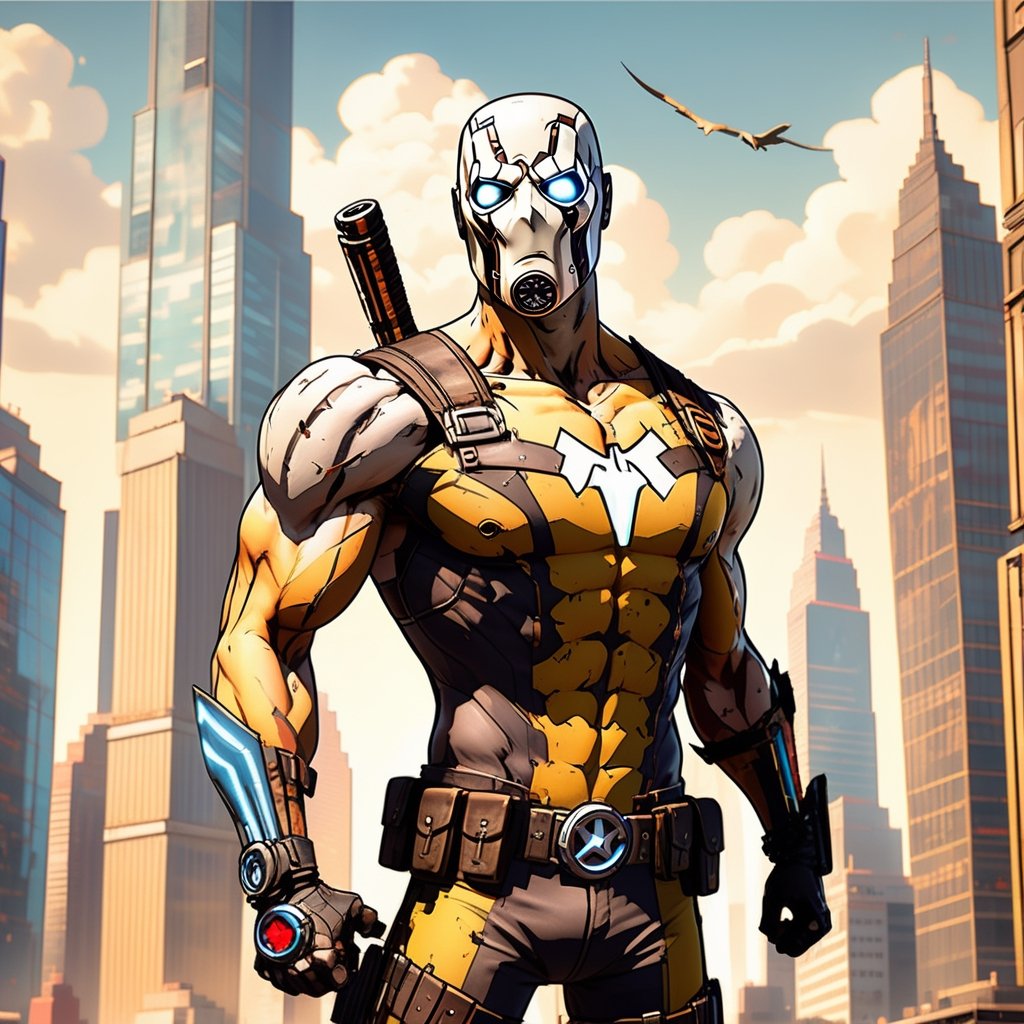 ((Picture a cel-shaded superhero soaring through the skyscrapers of a bustling metropolis, with their iconic costume and superhuman abilities captured in the distinct, bold lines of 'Borderlands' style)), 

(no masks), masterpiece