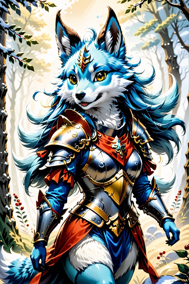 Furryfolk in Armour, christmas, traditional media, fantasy illustration, soft colors, Whimsical Illustration, windy, dynamic poses,Anime ,cutegirlmix,hentai