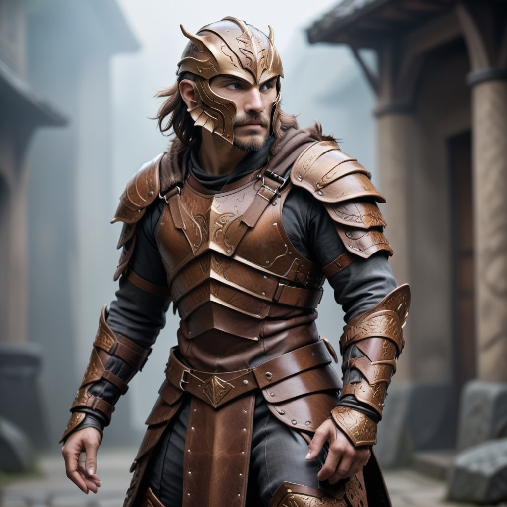 a skilled human light warrior adorned in a leather armor ensemble designed for agility and comfort. The intricately crafted armor features supple leather components, carefully stitched to create a seamless blend of protection and flexibility.