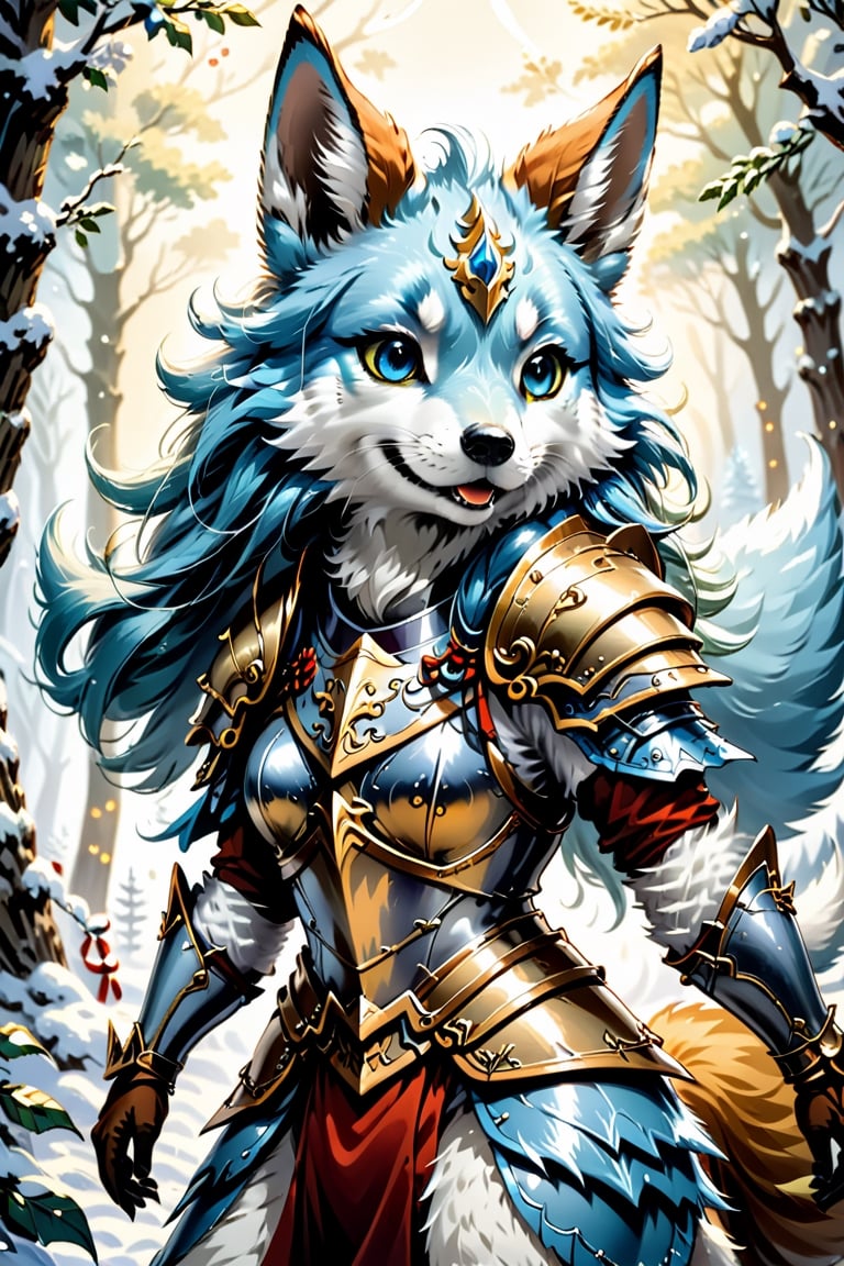 Furryfolk in Armour, christmas, traditional media, fantasy illustration, soft colors, Whimsical Illustration, windy, dynamic poses,Anime ,cutegirlmix,hentai