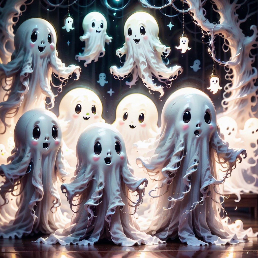 (Paint detailed cute ghosts in an ethereal and luminous 2D style, with a spectral glow and wispy tendrils, hovering in a moonlit room) white only