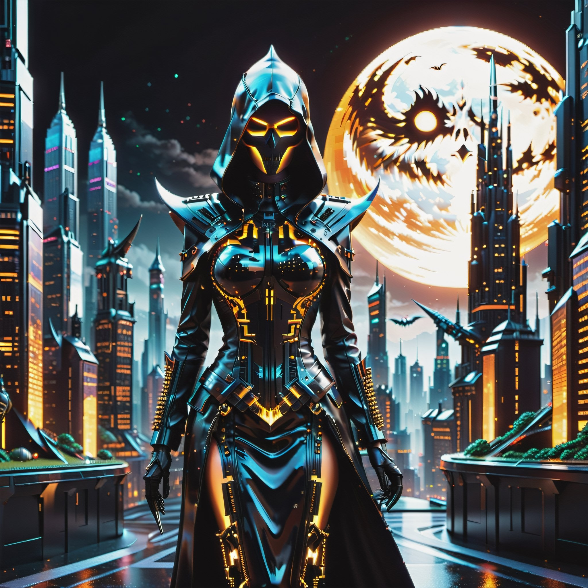 In a world where the harmonious fusion of nature and technology paints a mesmerizing tableau, envision a character adorned in the entrancing 'Halloween Grim Reaper Pixel Punk Pixel Dress,' clutching a scythe. The backdrop is an avant-garde metropolis where towering skyscrapers seamlessly entwine with colossal, biomechanical arboreal giants, creating an awe-inspiring cityscape

depth_of_field, 8k octane render, high detail, masterpiece, hyperdetailed, intricate details,Renaissance Sci-Fi Fantasy