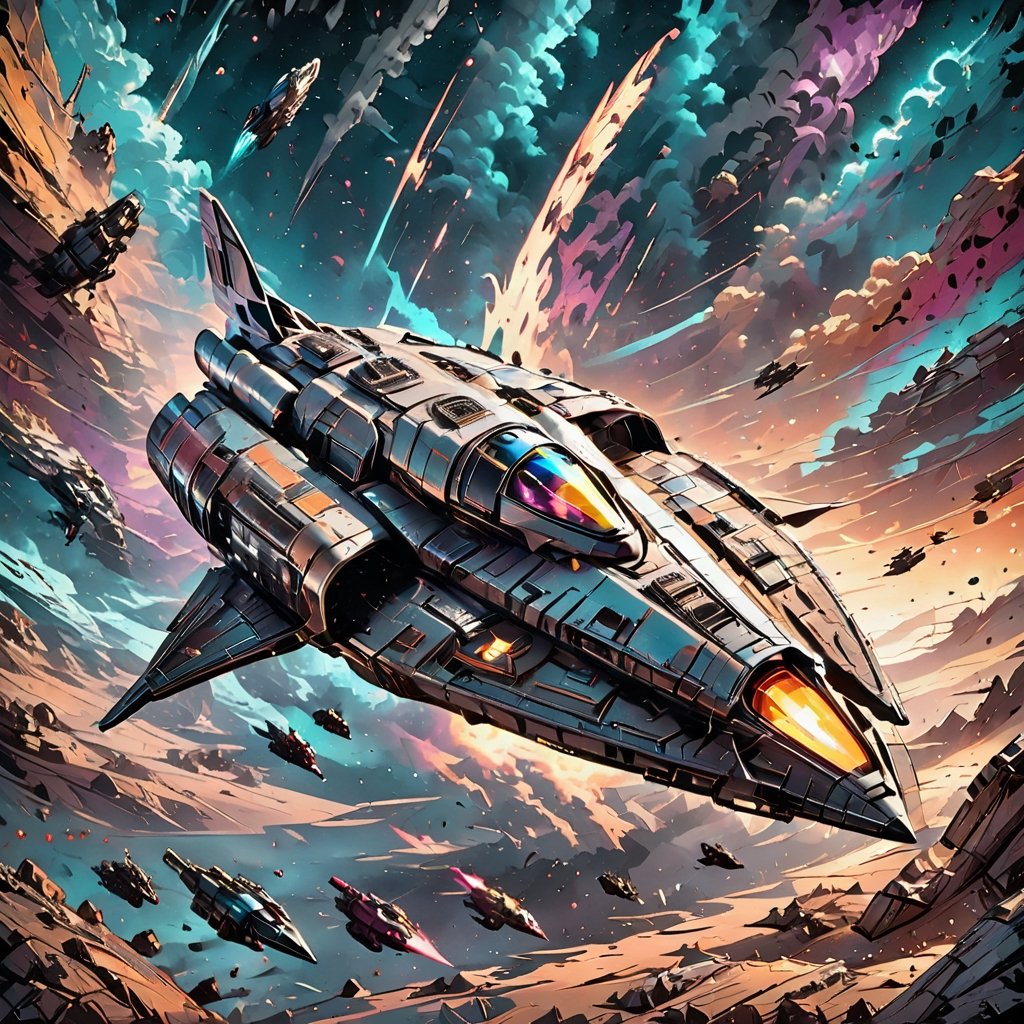((Visualize a retro sci-fi cover art featuring a sleek spaceship soaring through the cosmos, with vibrant colors and a sense of wonder reminiscent of classic space adventure comics)), 

(no masks), masterpiece,