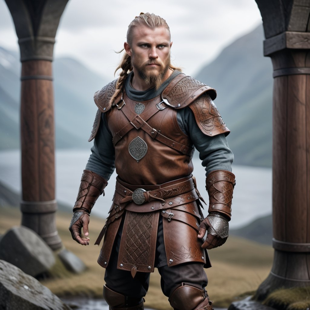 a Viking nomad adorned in a leather armor set crafted without the use of metal. The intricately tooled leather pieces include a reinforced tunic, bracers, and knee-high boots. The design draws inspiration from traditional Viking motifs, featuring runes and intricate knotwork.