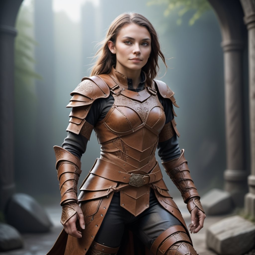 Human Light Fantasy Leather Ensemble:
a human fantasy adventurer wearing a light leather ensemble designed for agility and grace. The armor consists of supple leather pieces intricately stitched together, forming a cohesive and flexible set.