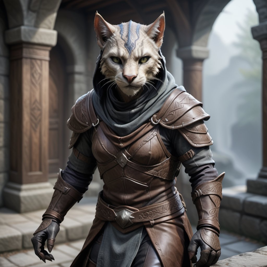 an Elder Khajiit Thief adorned in a specialized leather armor set designed for stealth and agility in the world of Elder Scrolls. The intricately crafted armor consists of a hooded cowl, lightweight chest piece, fingerless gloves, and knee-high boots.

The leather is adorned with Khajiit cultural motifs and symbols, reflecting the rich lore of the Elder Scrolls universe. The hood features an adjustable cowl that can be pulled low to conceal the thief's identity during covert operations.

The chest piece is designed for maximum mobility, allowing the Elder Khajiit Thief to move silently through the shadows. Elaborate engravings on the leather showcase the Khajiit's affinity for intricate craftsmanship.

Fingerless gloves provide tactile sensitivity for lockpicking and delicate maneuvers, while the knee-high boots are reinforced for swift and silent movement. The leather is treated with enchanted oils, granting the armor a subtle shimmer that aids in blending with the shadows.

The overall design captures the essence of a skilled Elder Khajiit Thief, seamlessly combining practicality, cultural aesthetics, and the mystique of stealth. The armor set reflects the unique identity and prowess of Khajiit in the Elder Scrolls universe.