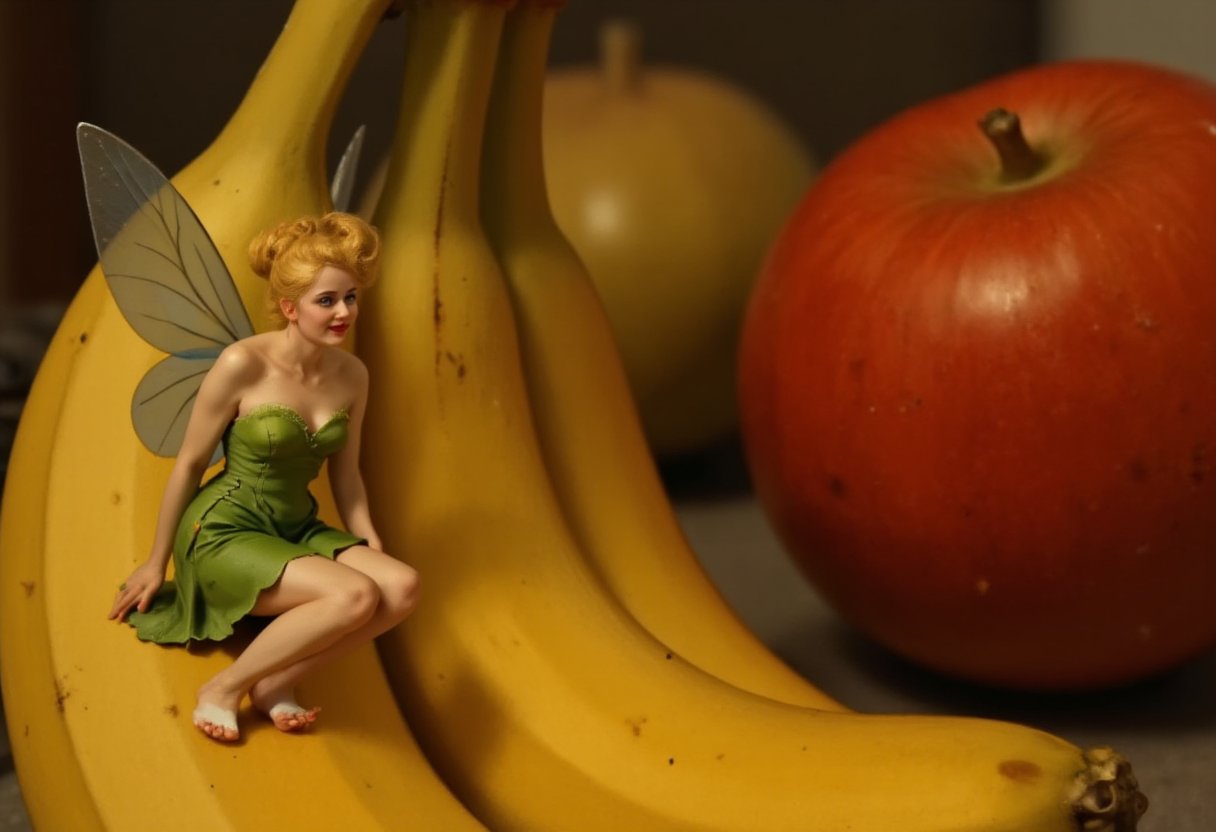 19th century Victorian oil painting by Ernest Normand of a tiny miniature 21 year old fairy woman, fairy wings, blue eyes, green dress, sexy, single hair bun, she is 1 inch tall tiny miniature woman posing next to a giant still life display of large fruit, TinkerWaifu, sitting on a banana, facing forward looking at the viewer with a slight smile on her face