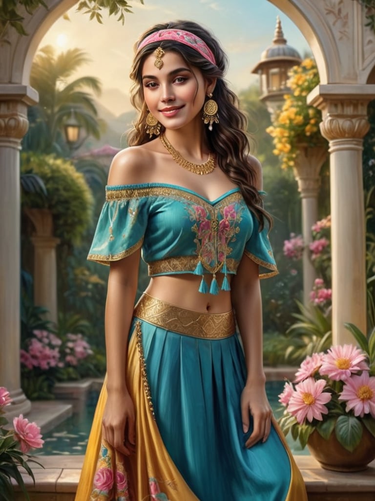 This is a digital illustration in a realistic, semi-realistic style, depicting a young woman with long, flowing dark hair and a fair complexion. She has large, expressive brown eyes and a gentle smile. She is dressed in a vibrant, turquoise off-the-shoulder top adorned with gold trim, revealing her midriff. Her skirt, also turquoise, is intricately detailed with gold embroidery and tassels, flowing down to her knees. She wears a blue headband with a large golden center and large golden earrings. The background is a lush garden, with a mix of pink and yellow flowers in bloom, bathed in soft, golden light, suggesting either early morning or late afternoon. The lighting creates a warm, inviting atmosphere, highlighting her skin and the textures of her clothing. The artist's signature, "@a_cine_canvas," is visible in the bottom right corner. This image captures a moment of tranquility and elegance, with a focus on the character's serene expression and the intricate details of her attire.