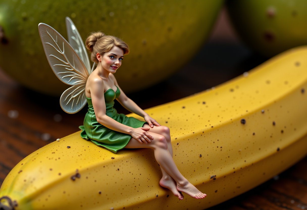 19th century Victorian oil painting by Ernest Normand of a tiny miniature 21 year old fairy woman, fairy wings, blue eyes, green dress, sexy, single hair bun, she is 1 inch tall tiny miniature woman posing next to a giant still life display of large fruit, TinkerWaifu, sitting on a banana, facing forward looking at the viewer with a slight smile on her face